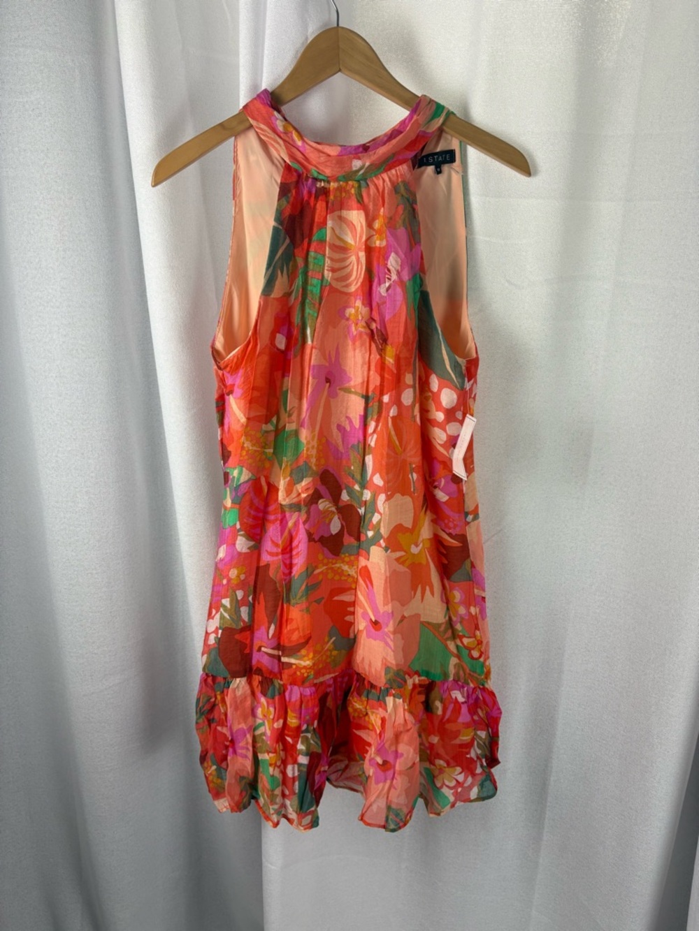 1. State pink, orange and green leaf halter‎ mini dress Size Medium NWT